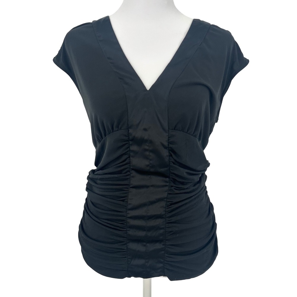 Express Y2K Babydoll V-Neck Ruched‎ Top M Witchy Goth Cap Sleeve Party Black